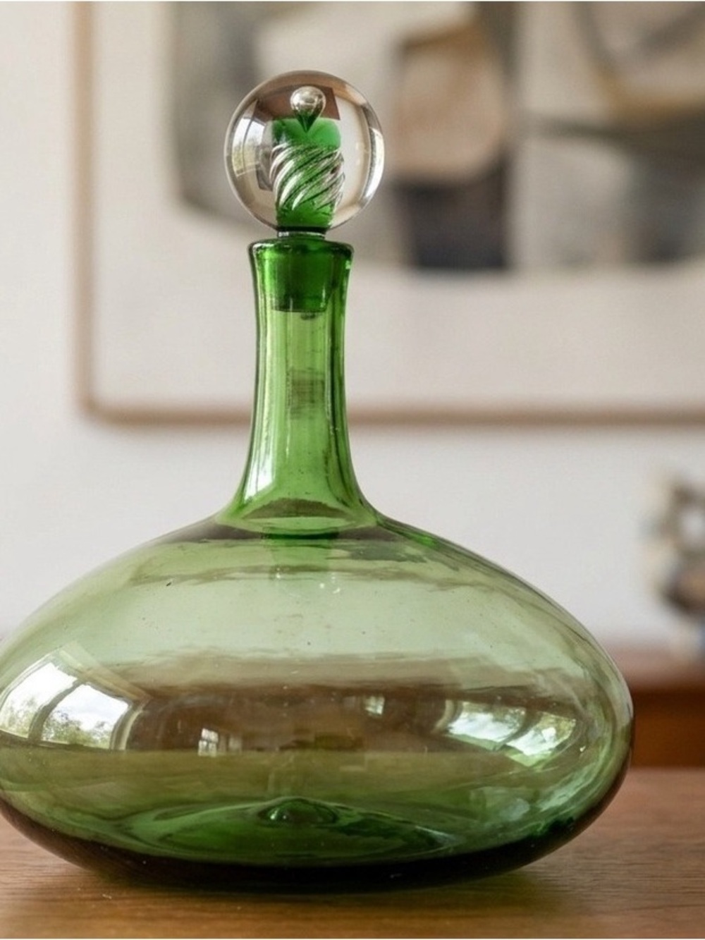 Green Glass Decanter with Round Stopper - Home Art